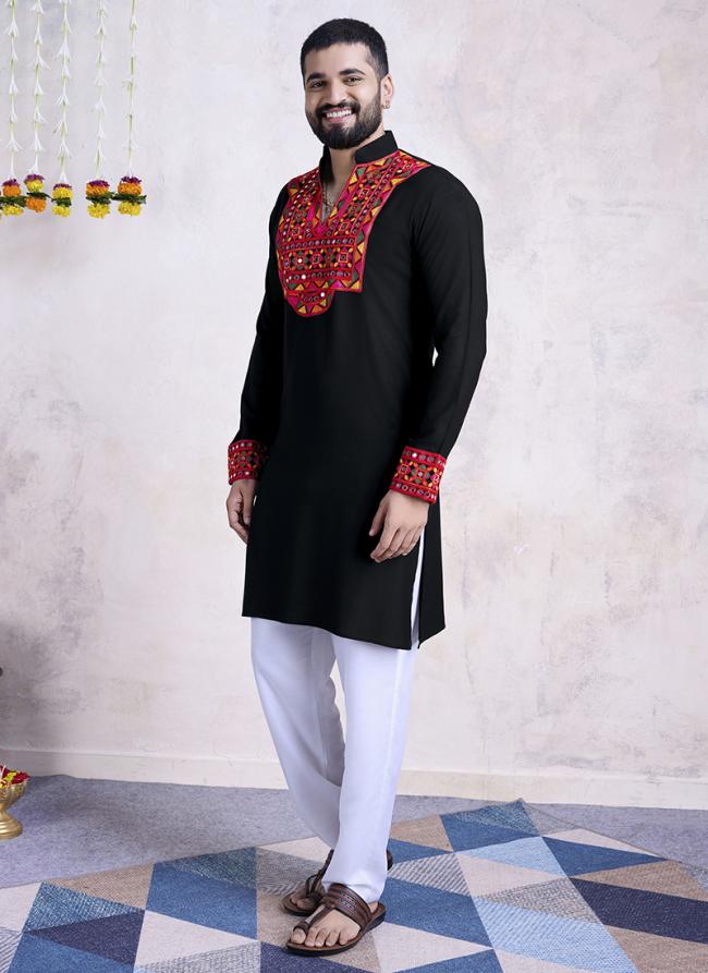 Rayon Black Navratri Wear Embroidery Work Readymade Kurta